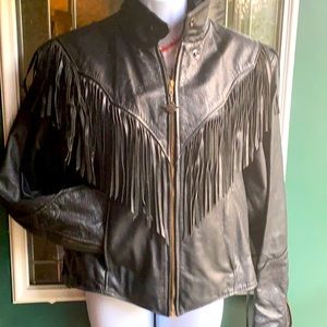 Black fringe leather motorcycle jacket
